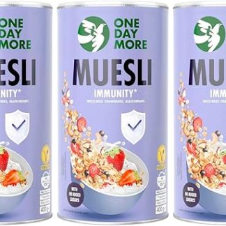 Мюсли OneDayMore для укрепления иммунной системы | 1200 г веганских мюсли с большим количеством фруктов | перекус из 100% натуральных ингредиентов | Овсяные хлопья с яблоками и клубникой | 3 штуки в упаковке