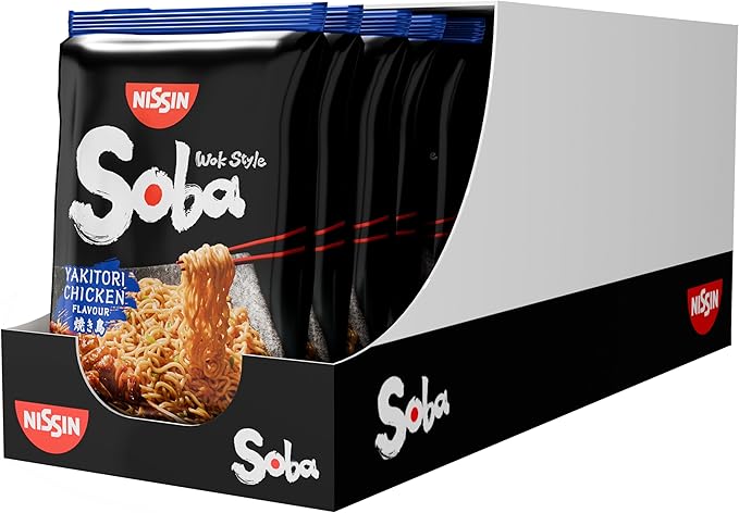 Nissin Soba Bag – Курица якитори, 9 штук, лапша быстрого приготовления в воке, с острым соусом, быстрое приготовление, азиатская кухня (9 x 110 г)