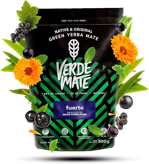 Зеленый мате Verde Mate Green Fuerte 0,5 кг Фруктовый мате с черной смородиной и черноплодной рябиной Мате с гуараной Натуральный стимулирующий эффект Мята и лемонграсс Мате из Бразилии 500 г