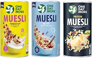 OneDayMore - Набор из 3 тюбиков мюсли: Power Up 450 г, Be Fit 450 г, протеиновые мюсли с арахисом и бананом 400 г, с высоким содержанием клетчатки и белка, орехами пекан и темным шоколадом.