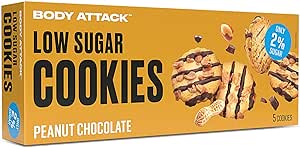 Печенье Body Attack с низким содержанием сахара - арахисово-шоколадное - 125 г - вкусные варианты с минимальным содержанием сахара или без него - протеиновое печенье - богатый белком перекус с низким содержанием сахара - без сахара