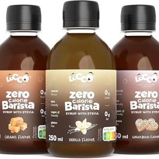 Набор сиропов для кофе Locco без сахара со вкусами ванили, карамели и имбиря – низкокалорийные сиропы для бариста для напитков и десертов со стевией и сукралозой, 3 x 250 мл