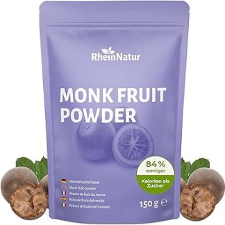 Порошок из плодов монкфрута RheinNatur 150 г – натуральная сладость без сахара – на 84% меньше калорий, чем в сахаре – растительный заменитель сахара с клетчаткой тапиоки – веганский и низкокалорийный