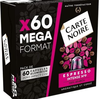 Carte Noire, эспрессо интенсивный, алюминиевые капсулы, совместимые с Nespresso, 1 упаковка из 60 кофейных капсул, 100% арабика, нотки сухофруктов и шоколада, интенсивность 9/10, насыщенный и стойкий вкус.