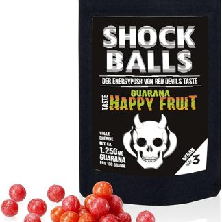 Энергетические конфеты Shockballs Happy Fruits с гуараной 1250 мг и кофеином, содержащие высококачественный сахар.