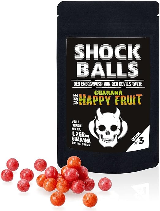 Энергетические конфеты Shockballs Happy Fruits с гуараной 1250 мг и кофеином, содержащие высококачественный сахар.