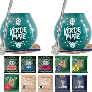 Зимний набор для приготовления мате с аксессуарами | Мате Yaguar, Verde Mate, Soul Mate, Guarani | 2 тыквы, 2 бомбильи для мате | 10 x 50 г | Натуральный кофеин | 500 г | 0,5 кг
