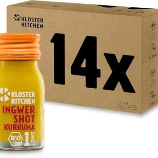 Kloster Kitchen Органический имбирный шот с куркумой, 1 шот (14 x 30 мл) с кусочками настоящего имбиря Имбирный шот с куркумой, веганский, в бутылочке для напитков на вынос Сладкий и пряный, без добавок, с натуральной сладостью