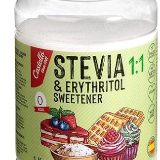 Стевия + Эритритол, подсластитель 1:1 1 г = 1 г сахара Подсластитель со 100% натуральным ароматизатором - 0 калорий - 0 гликемический индекс - Кето и палео - 0 чистых углеводов - Без ГМО - Castello с 1907 года - 1 кг
