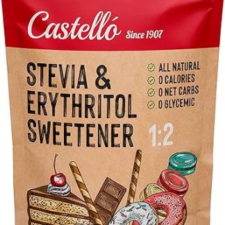Стевия + Эритритол, подсластитель 1:2 1 г = 2 г сахара Подсластитель со 100% натуральным ароматизатором - 0 калорий - 0 гликемический индекс - Кето и палео - 0 чистых углеводов - Без ГМО - Castello с 1907 года - 850 г