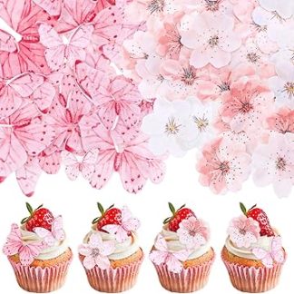 90 съедобных цветов-бабочек для украшения торта, розовые вафельные бумажные топперы для кексов в виде бабочек, съедобные топперы для торта в виде цветущей сакуры, кубики для украшения торта для детского праздника, дня рождения, свадьбы.