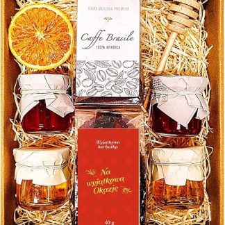 Подарочный набор в деревянной корзине с цветочным медом, липовым медом, малиновым джемом, 100% кофе арабика и чаем, 6 предметов, 1500 г.