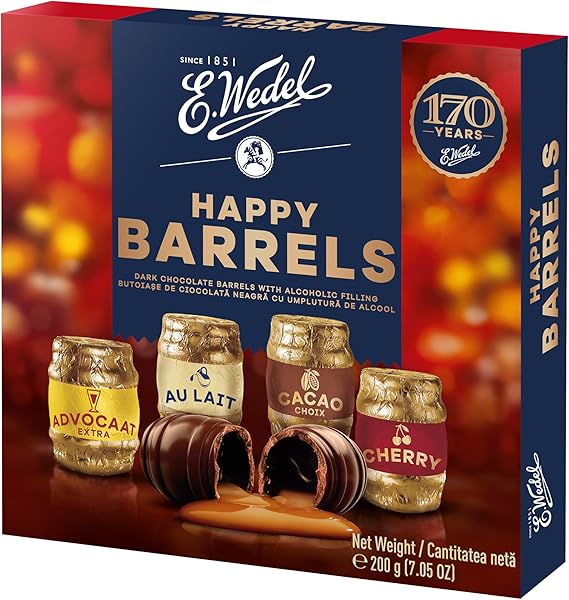 Шоколадный подарочный набор E.Wedel Подарочная коробка шоколадных конфет с ликером Happy Barrels 1 упаковка 200 г Коробка шоколадных конфет с алкогольной начинкой Рождественский шоколад