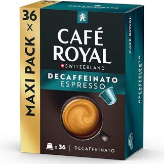 Кофе Café Royal 36 Эспрессо Декофеинато, алюминиевые капсулы, совместимые с Nespresso®*, интенсивность вкуса 3/10, большая упаковка из 36 капсул, сертифицированы UTZ, совместимы с кофемашинами Nespresso®*.
