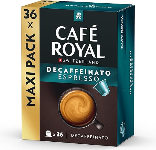Кофе Café Royal 36 Эспрессо Декофеинато, алюминиевые капсулы, совместимые с Nespresso®*, интенсивность вкуса 3/10, большая упаковка из 36 капсул, сертифицированы UTZ, совместимы с кофемашинами Nespresso®*.