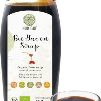 Сироп NurBio Yacon Bio 450 г – натуральная сладость корня якона, без добавок, высочайшей чистоты, подходит для веганов, сертифицирован Bio DE-ÖKO-003.