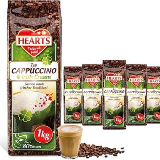 Растворимый кофе HEART's Cappuccino Irish Cream, 5 x 1 кг, легкорастворимый, упаковка для повторного наполнения (5 банок), примерно на 400 чашек, деликатес по ирландским традициям.