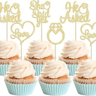 Набор украшений для кексов Gyufise «Он спросил, она сказала да» с золотыми блестками, бриллиантами, кольцом и сердечком, символизирующим любовь, для свадебного, помолвочного и праздничного торта, 24 штуки.