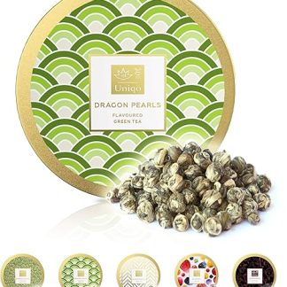 Чай Uniqo Dragon Pearls с жасмином – подарочный набор Натуральный ароматизированный зеленый чай жасмин Dragon Pearl в элегантной подарочной жестяной коробке Без глютена – Веганский – Не содержит глютена