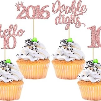 Набор из 24 топперов для кексов Gyufise с блестками цвета розового золота и надписью «Счастливого 10-го дня рождения» и надписью «Привет, 10 двойных дней рождения с 2011 года» для украшения вечеринки в честь 10-летия.