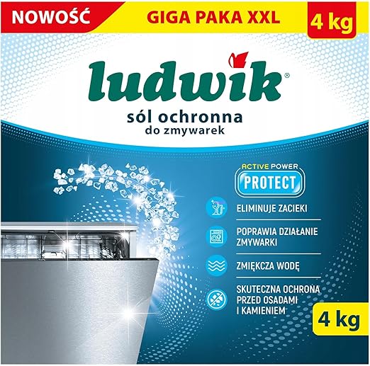 Соль для посудомоечных машин Ludwik, 4 кг, защитная, смягчающая воду, предотвращающая образование осадка и известкового налета.