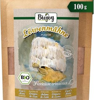 Органический порошок из гриба Львиная грива от Biojoy (100 г), Львиная грива, сушеный и мелко измельченный гриб Львиная грива (Hericium erinaceus L.).