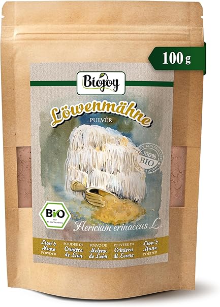 Органический порошок из гриба Львиная грива от Biojoy (100 г), Львиная грива, сушеный и мелко измельченный гриб Львиная грива (Hericium erinaceus L.).