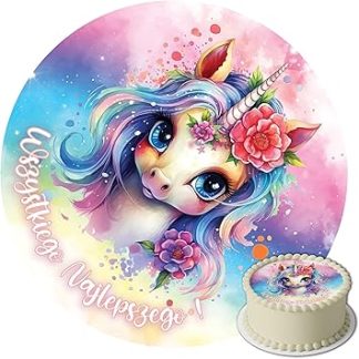 Вафельная фигурка единорога для торта J&M DECO Ø20 см – съедобное украшение для детского дня рождения – топпер для торта с мотивом единорога – без глютена и подходит для веганов.