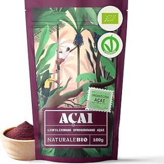 Органический порошок асаи NaturaleBio 100 г - сублимированные ягоды асаи из Бразилии - сырой органический продукт, богатый антиоксидантами и витаминами.