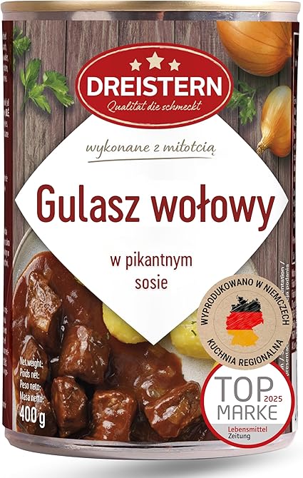 Говяжий гуляш «Дрейстерн» с насыщенным соусом | готовое блюдо | вкусный гуляш в перерабатываемой жестяной коробке | нежная говядина - качество, которое делает блюдо вкусным