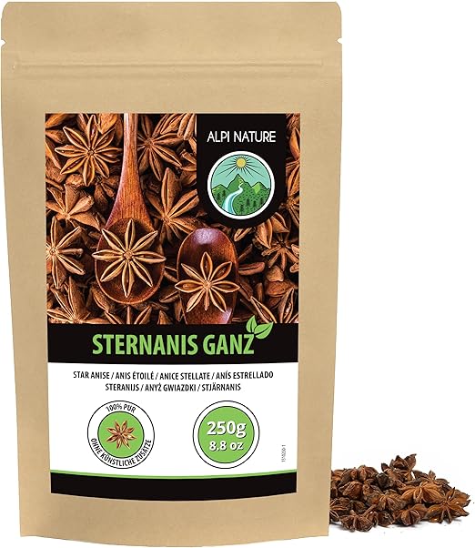 Цельный звездчатый анис Alpi Nature 250 г, цельные плоды звездчатого аниса для приготовления пищи и глинтвейна.