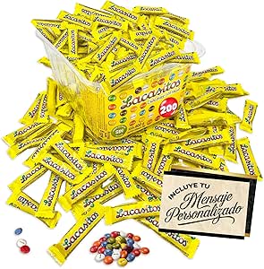 200 мини-упаковок шоколада Lacasitos 2025 (по 3 штуки в индивидуальном пакетике с цветной глазурью) с прикрепленной персонализированной открыткой. Идеально подходит для дней рождения, Хэллоуина, школьных и корпоративных подарков.