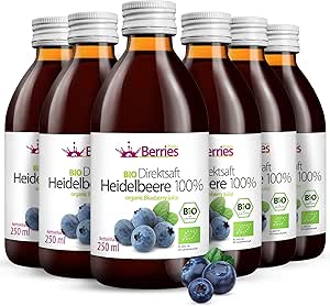 Польская черника BIO, 6 x 250 мл, сок холодного отжима из органических фруктов - без красителей, сахара, ГМО и консервантов - подходит для веганов, вегетарианцев и органических продуктов.