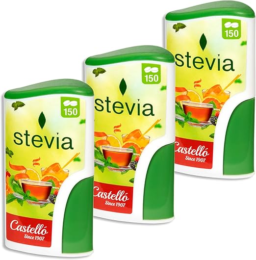 Таблетки стевии Castello с 1907 года - набор из 3 штук (450 таблеток) - подсластитель без калорий, заменитель сахара, подходит для кето-диеты, 0 углеводов.