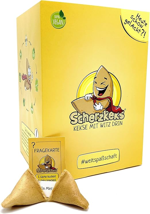 Набор Scherzkeks из 20 штук | 20 печенье с остроумным вопросом и ответом на удачу, забавная идея подарка. Сделано в Германии, идеально подходит для дней рождения, семейных торжеств и Рождества.