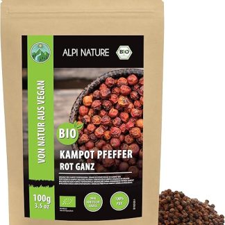 Alpi Nature Органический красный кампотский перец 100 г, целые зерна красного кампотского перца.