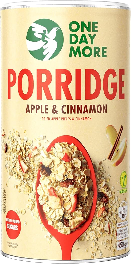 Овсяная каша OneDayMore с яблоком и корицей, без добавления сахара | 450 г | Овсяные хлопья, сушеные инжир и яблоки | Высокое содержание клетчатки