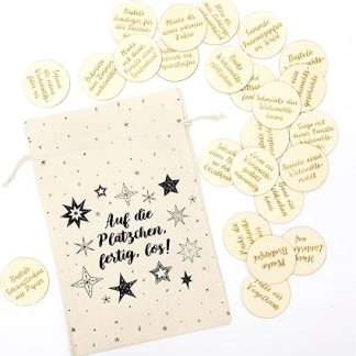 Адвент-календарь Papierdrachen без шоколада - Рождественские развлечения - с 24 деревянными тарелочками в высококачественном хлопковом мешочке.