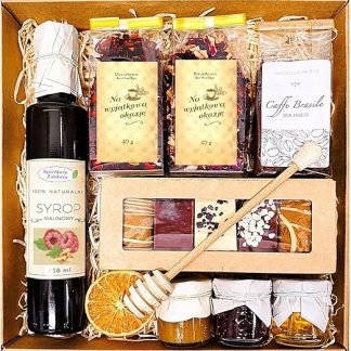 Подарочная корзина с чаем, медом, имбирными пряниками, кофе и малиновым сиропом.