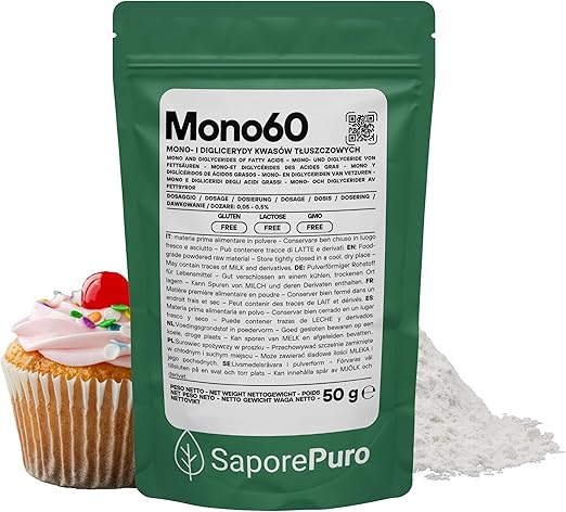SaporePuro Mono60 – моно- и диглицериды жирных кислот 50 г – растительный, безглютеновый пищевой эмульгатор для мороженого, сорбетов, маргарина, кремов и кондитерских изделий.