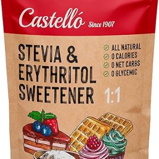 Стевия + Эритритол, подсластитель 1:1 1 г = 1 г сахара Подсластитель со 100% натуральным ароматизатором - 0 калорий - 0 гликемический индекс - Кето и палео - 0 чистых углеводов - Без ГМО - Castello с 1907 года - 850 г