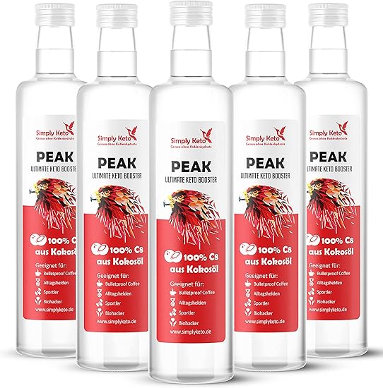 Simply Keto Peak C8 Oil - Кокосовое масло MCT - 100% каприловая кислота - Веганский продукт, без пальмового масла - Без вкуса - Оптимально подходит для кетогенной диеты и бронебойного кофе - 5 x 500 мл