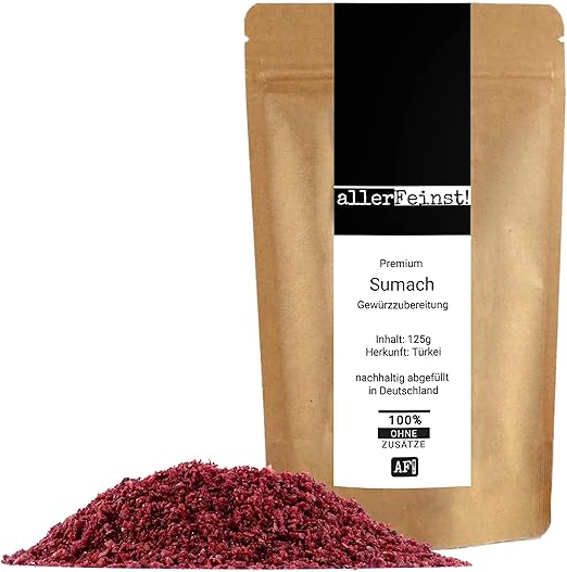 allerFeinst! – Высококачественный порошок сумаха – Специя для приготовления блюда – Сумах – Плоды уксуса – Специя уксусного дерева, 1 упаковка (1 x 125 г)
