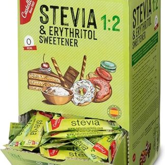 Стевия + Эритритол 1:2 Подсластитель 204 пакетика по 2,5 г Подсластитель со 100% натуральным ароматизатором - 0 калорий - 0 гликемический индекс - Кето и палео - 0 чистых углеводов - Без ГМО - Castello с 1907 года - 510 г
