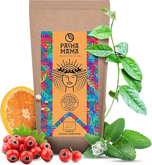 Гуайуса Пачамама с цитрусовыми нотками 0,25 кг Органическая гуайуса из Эквадора (Ilex Guayusa) 250 г Натуральный кофеин Освежающий, цитрусовый Родственник мате Нежный Альтернатива кофе Традиционный индийский настой