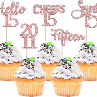 Набор украшений для кексов Gyufise, 30 штук, с блестками, для 15-летия, розовое золото, 15 лет, 15 лет с 2006 года, украшения для торта на 15-летие.