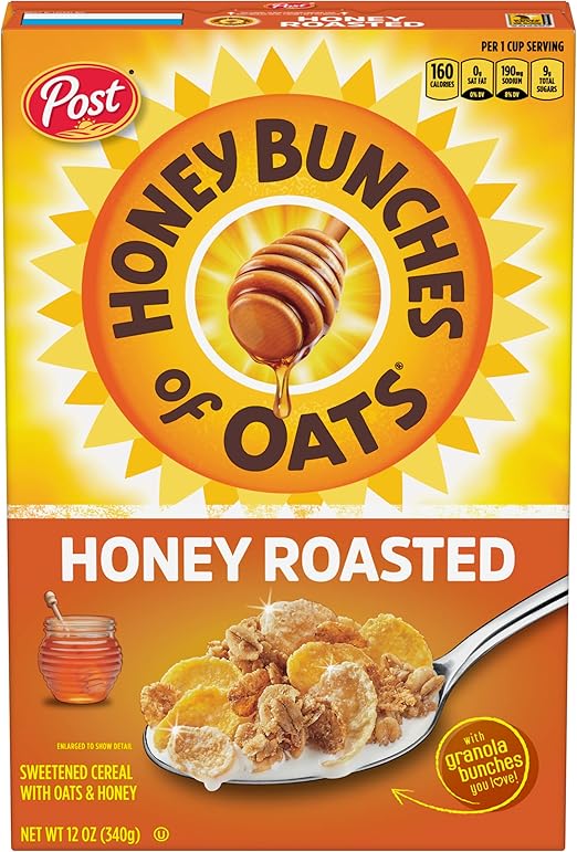 Овсяные хлопья Honey Bunches of Oats, обжаренные в меду, полезны для сердца, с низким содержанием жира, изготовлены из цельнозерновых злаков, 340 г.