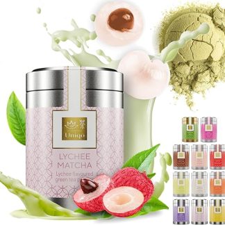 Uniqo Tea – порошок матча с личи – идеально подходит для бабл-чая, айс-латте или смузи – порошок матча латте со вкусом личи, без искусственных красителей, в элегантной жестяной банке.