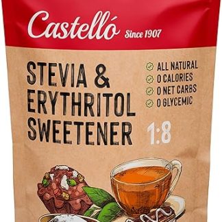 Стевия + эритритол, подсластитель 1:8 1 г = 8 г сахара Подсластитель со 100% натуральным ароматизатором - 0 калорий - 0 гликемический индекс - Кето и палео - 0 чистых углеводов - Без ГМО - Castello с 1907 года - 850 г