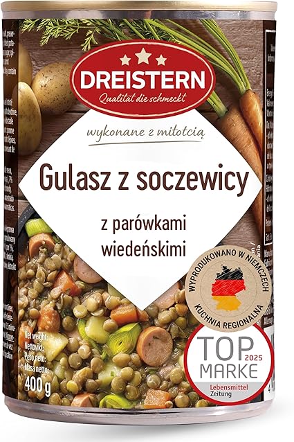 Гюльшень «Дрейстерн» с чечевицей и венскими сосисками (нарезанными), готовое блюдо в жестяной коробке. Качество, которое делает блюдо вкуснее.